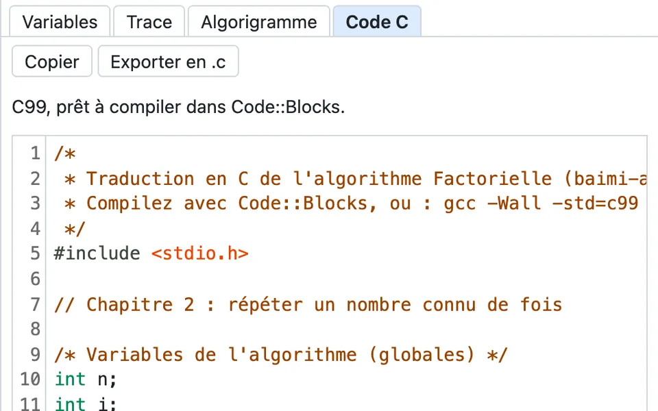 La traduction en C de Factorielle, avec numéros de ligne et coloration.